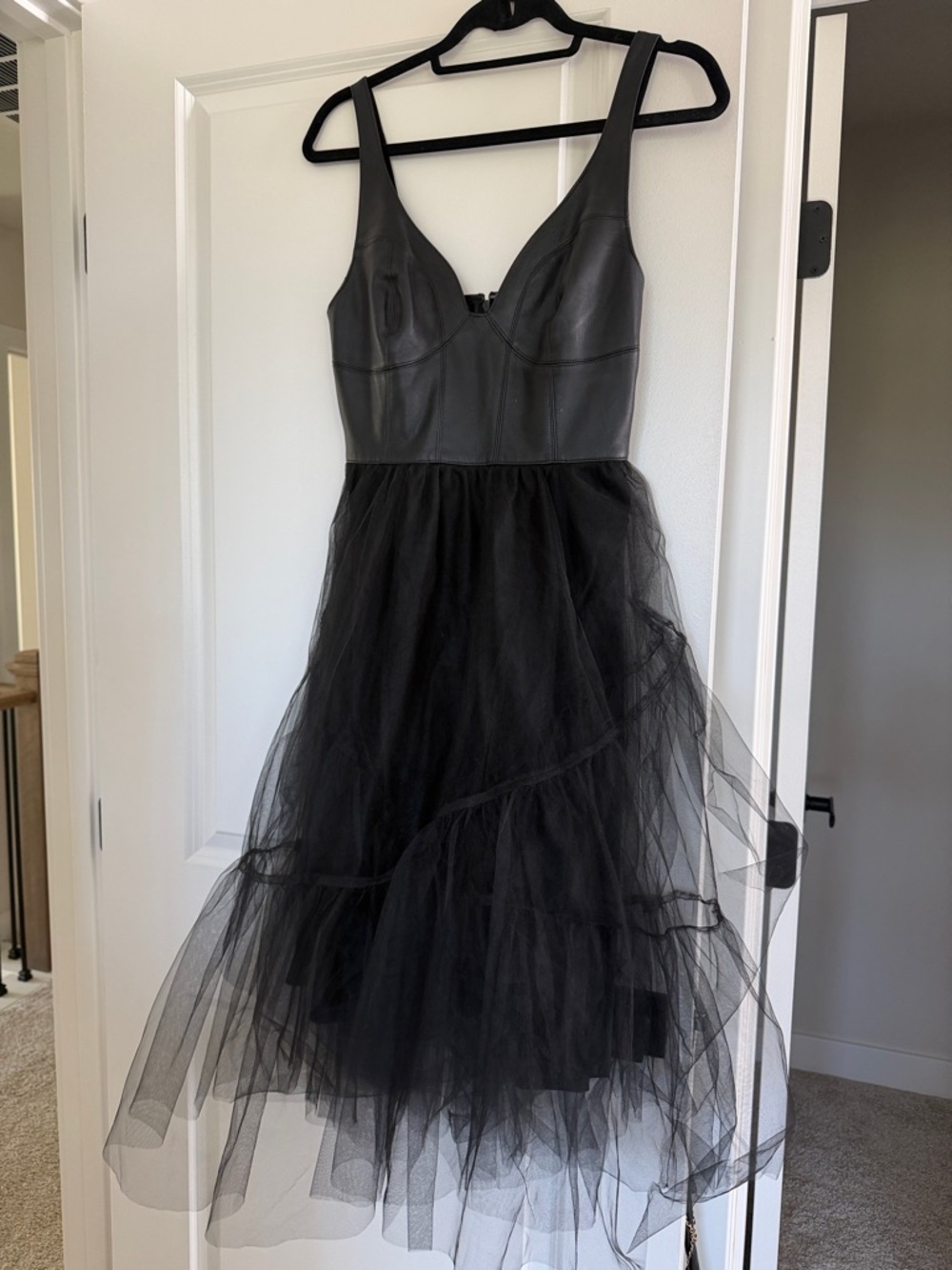 Anthropologie Black Tulle Midi Dress with Faux-Leather Bodice